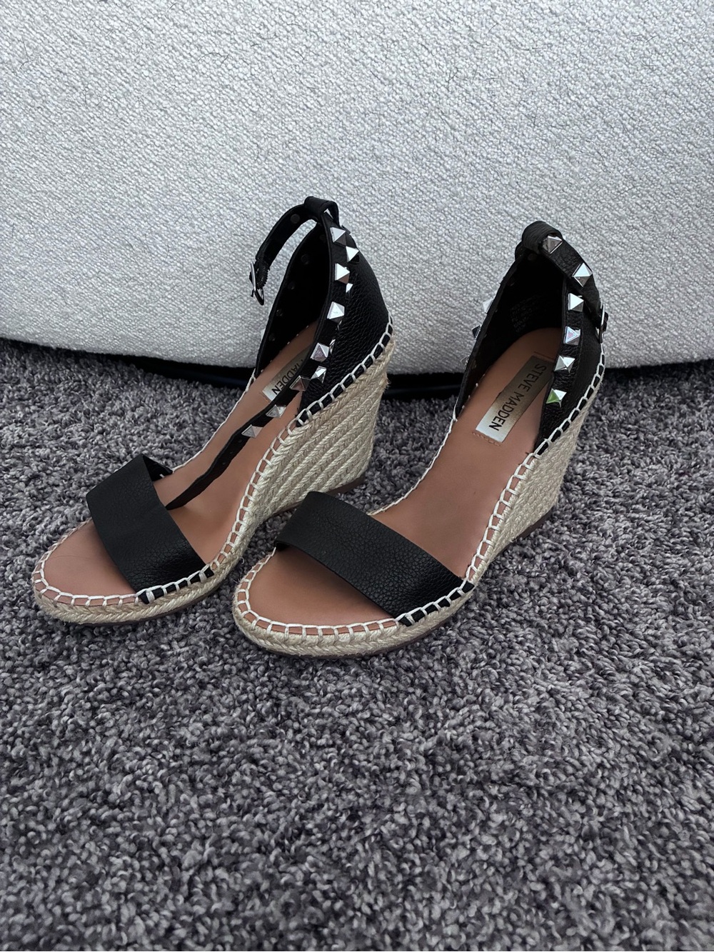 Steve Madden Presto Black Espadrille Wedge Sandals with Stud Detail